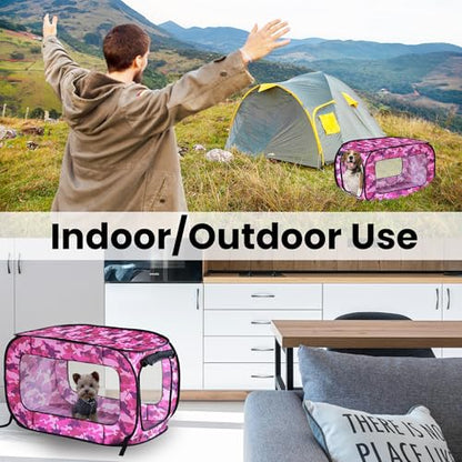 Beatrice Home Fashions Portable, Collapsible, Pop Up Kennel Travel Cat and Dog Crate, 24" L x 16.6" W x 16" H, Camo Pink - color: Camo Pink, size: 24.0"L x 16.6"W x 16.0"H