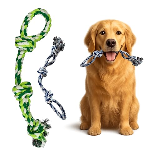 Dog Rope Toys, Heavy Duty Chew Toy for Large Dogs, 2-Pack Durable Tug of War Toys, 100% Cotton, Safe & Washable, Great for Teeth Cleaning, (Blue/White and Green/White/Green) - color: blue/white and green/white/green