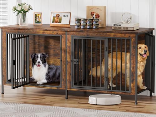 EasyCom Dog Crate Furniture for 1 or 2 Dogs, Heavy Duty Single/Double Dog Crates for Small/Medium/Large Dogs, Dog Kennel Furniture Indoor as TV Stand, Large Size 78.74" L(35-60 Pounds), Brown - color: Brown, size: 78.74"L x 27.56"W x 33.46"H