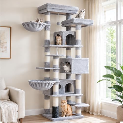Hey-brother Cat Tree, 74 inches Multi-Level XL Large Cat Tower for Indoor Cats with Three Cat Condos, Two Large Top Decks and Cat Hairbrushfor Kittens, Cats and Pets, Light Gray MPJ035-MW - color: Light Gray