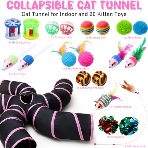 Poen 21 Pcs Cat Tunnel for Indoor Set Collapsible 5 Way Tubes with 20 Pcs Cat Kitten Toys Interactive Feather Toy Mouse Crinkle Balls Tube for Puppy Kitten Rabbit(Pink Black) - color: Pink Black