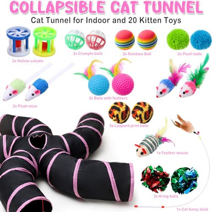 Poen 21 Pcs Cat Tunnel for Indoor Set Collapsible 5 Way Tubes with 20 Pcs Cat Kitten Toys Interactive Feather Toy Mouse Crinkle Balls Tube for Puppy Kitten Rabbit(Pink Black) - color: Pink Black