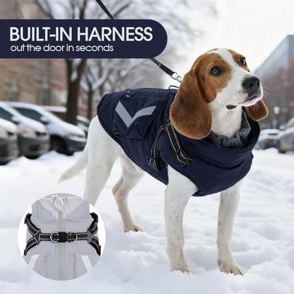 FUAMEY Dog Coat Zipper on Back, Fleece Lined Dogs Jacket for Winter with Harness Built-in, Insulated Clothes Large Doggy Cold Weather Outfits with Pop Bag Pockets, Jack Russell (Dark Blue, L) - color: Navy, size: Large