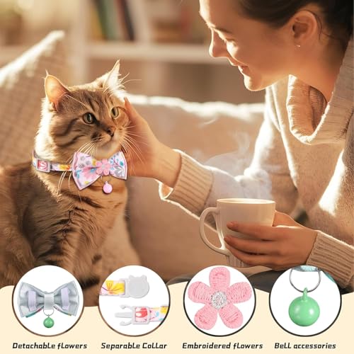 Cat Collar Breakaway, HYQHYX Floral Kitten Collar with Bell, Cute Cat Collar with Bow for Girl Boy Removable Bowtie (Pink + Green) - color: Pink + Green
