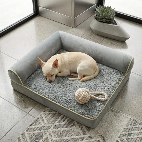 Orthopedic Small Dog Bed for Small Dogs 20 x 16Inch, L Shaped Memory Foam Puppy Pet Bed with Sides, Washable Dog Couch Sofa with Removable Velvet Cover & Non-Slip Bottom, Gray - size: 19.7" L x 15.8" W x 4.4" H--With sides