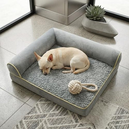 Orthopedic Small Dog Bed for Small Dogs 20 x 16Inch, L Shaped Memory Foam Puppy Pet Bed with Sides, Washable Dog Couch Sofa with Removable Velvet Cover & Non-Slip Bottom, Gray - size: 19.7" L x 15.8" W x 4.4" H--With sides