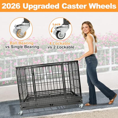 Homey Pet Heavy Duty Dog Crate for Large Dogs, 47 Inch Stackable Large Dog Cage with 4 Wheels, 2 Removable Trays and Grids, Multi Locks Strong & Solid Escape Proof Dog Kennel Indoor - size: 46.5"L x 28.5"W x 35"H