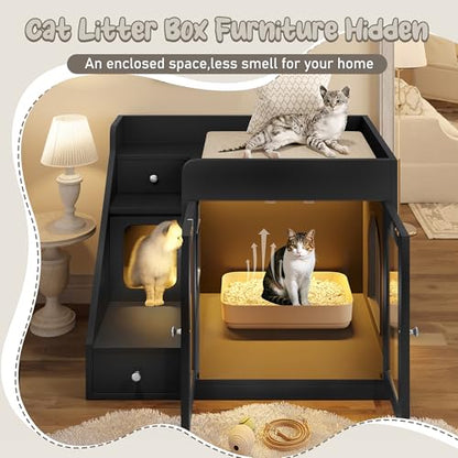 Merax Cat Litter Box Enclosure Furniture with Light,Hideaway Litter Box Furniture with 2 Storage Drawers for Living Room,Black - color: Black