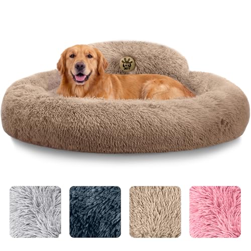 PetJett Large Dog Bed - 36'' Calming Donut Dog Beds, Anti-Slip & Washable Large Round Bed, Fluffy Faux Fur Pet Bed, Super Soft Anti-Anxiety Premium Comfort Bed, Fits Dogs up to 80 lbs - Beige - color: Beige, size: Large - 36”L x 36”W x 8”Th