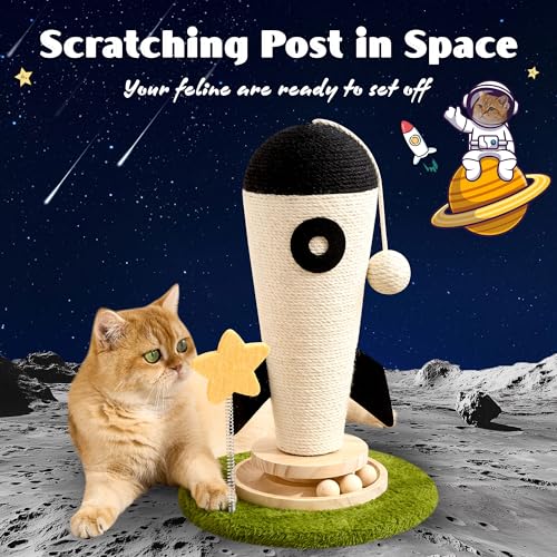 Cat Scratching Post, Rocket Cute Sisal Cat Scratcher with Durable Solid Wood Turntable Toy, Cat Scratch Post Red Cat Scratcher with Spinning Star Toy for Indoor Adult Cats - color: Black Rocket