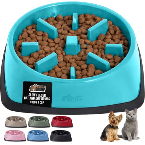 GORILLA GRIP® Patented BPA Free Slow Feeder Dog Bowls, Interactive Puzzle Toy for Dogs and Cats Food Training Enrichment, Keeps Pets Busy and Prevents Puppy Overeating, Small Breeds, 1 Cup, Turquoise - color: Turquoise, size: 1 Cup