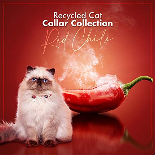 Pawtitas Recycled Red Reflective Cat Collar – Eco-Friendly Breakaway Safety Buckle, Adjustable Kitten & Adult Collar with Removable Bell and High-Visibility Strap - color: Recycled Red