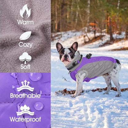 Large Winter Dog Coat, Reflective Fleece Vest with D Ring & Adjustable Buckles, Windproof and Waterproof Dog Cold Weather Coats, Turtleneck Warm Pet Garment Snowsuit Christmas - 2XL Purple - color: Purple, size: XX-Large