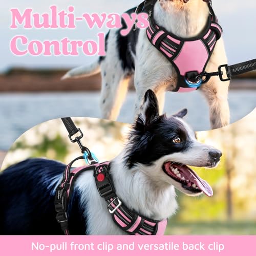 rabbitgoo Dog Harness Medium Sized, No Pull Dog Vest with 3 Buckles, Adjustable Soft Padded Pet Harness with Easy Control Handle and Reflective Strips, Light Pink, M - color: Light Pink, size: Medium