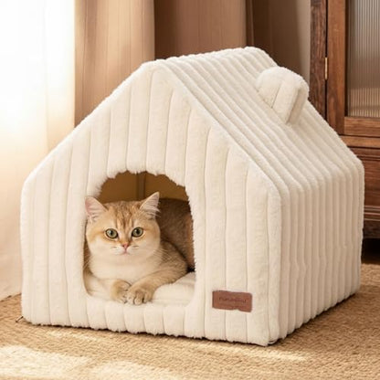 FUKUMARU Cat Houses for Indoor Cats, Washable Cute Cat Bed Cave with Removable Pillow, Large Semi-Enclosed Cozy Dog House Indoor, Soft Faux Rabbit Fur Kitten Bed, 17.5-Inch Cat Hideaway, Cream - color: Cream