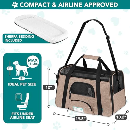 PetAmi Airline Approved Pet Carrier for Cats & Small Dogs, Soft Sided TSA Travel Carrier Bag with Sherpa Bed, Breathable Mesh Ventilation, Collapsible Bowl, Up to 18 lbs, Large Heather Taupe - color: Heather Taupe, size: Large - 19.5"L x 10.2"W x 12"H
