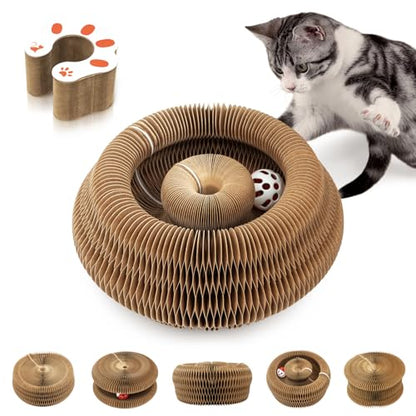 Collapsible Cats Cardboard Scratcher, Interactive Cat Toys for Indoor Cats, Scratch Pad Shape Shifting Ball Track with Bell, Magic Organ Cat Toy for Chase & Scratch Paw Easter Toys for Kitties Paw