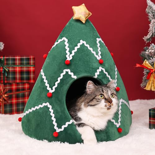 NIBESSER Cat Bed Christmas Tree Cat Tent House Self-Warming 2 in 1 Removable Comfortable Triangle Pet Teepee Xmas Dog Cave in Winter(Green/White)