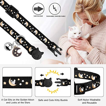 2Pcs Breakaway Cats Collars Cat Collars for Boy & Girl Cats Moons Adjustable Kitten Collars with Bell & Pendant Glow in The Dark,Purple+Black - color: Purple+Black, size: 7.0-10.7''