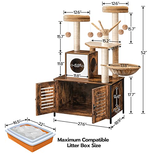 HOOBRO Cat Tree with Litter Box Enclosure, Scratching Posts, Litter Box Enclosure Furniture for Indoor Cats, All-in-One Wooden Cat Tower Condo House with Cat Hammock, Rustic Brown BF14MZ03 - color: Rustic Brown