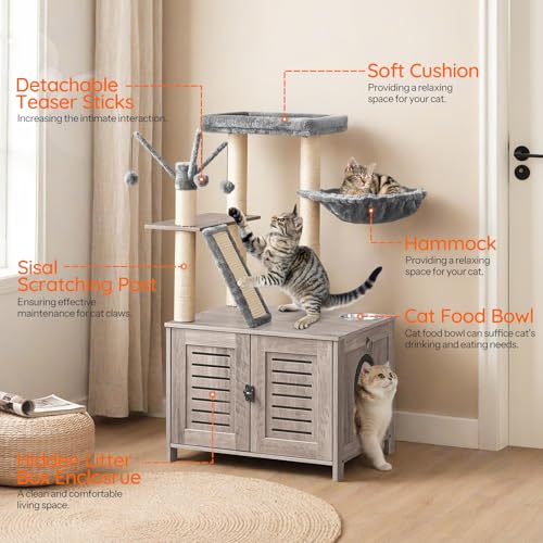 HOOBRO Cat Tree with Litter Box Enclosure, 44" Tall Wooden Cat Tower with Scratching Posts, Cat Hammock, Hidden Litter Box Furniture, All-in-One Indoor Cat Condo, Greige BG48MZ03 - color: Greige