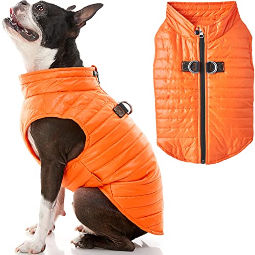 Gooby Puffer Vest Dog Jacket - Orange, Small - Ultra Thin Zip Up Wind Breaker with Dual D Ring Leash Water Resistant for Small to Medium Dogs - color: Orange, size: Small chest (15")
