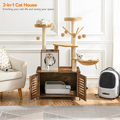 HOOBRO Cat Tree with Litter Box Enclosure, Scratching Posts, Litter Box Enclosure Furniture for Indoor Cats, All-in-One Wooden Cat Tower Condo House with Cat Hammock, Rustic Brown BF14MZ03 - color: Rustic Brown