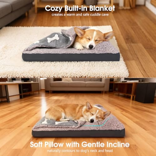 Dog Bed with Cover Pillow Blanket Attached, 30''X20'' Washable Rectangle Hooded Cozy Cave Cat Puppy Calming Crate Bed & Removable Cover, Indoor Covered Kennel Furniture Couch Sofa for Small Medium Pet - color: Multi-color