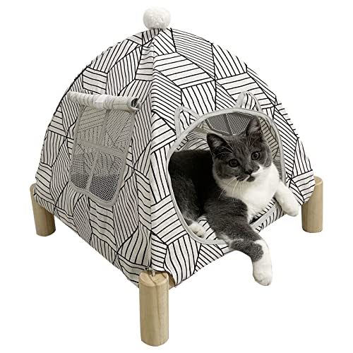 2-in-1 Cat Bed Tent with Wooden Frame – Cat Teepee & Hammock, Portable Indoor/Outdoor Pet Tent for Cats, Kittens, Small Dogs, and Small Animals – Quick Assembly, White Diamond Design - color: White Diamond Tent