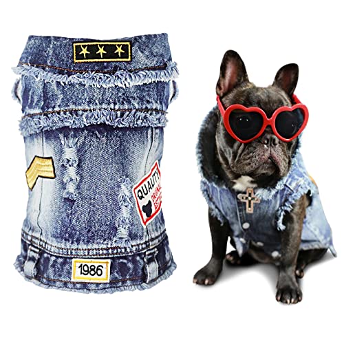 SILD Pet Clothes Dog Jeans Jacket Cool Blue Denim Coat Small Medium Puppy Blue Vintage Washed Clothes Dogs Lapel Vests Classic Hoodies - size: XS