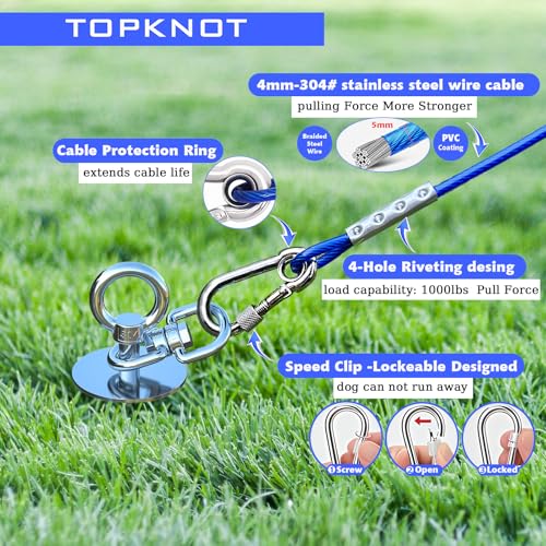 TOPKNOT Dog Tie Out Cable and Stake,(up to 200lbs) 30 ft Heavy Duty Cable,360°Swivel Run- No Tangle,Runner for Yard,Ideal for Outdoor Camping - size: dog stake+30ft/200lbs