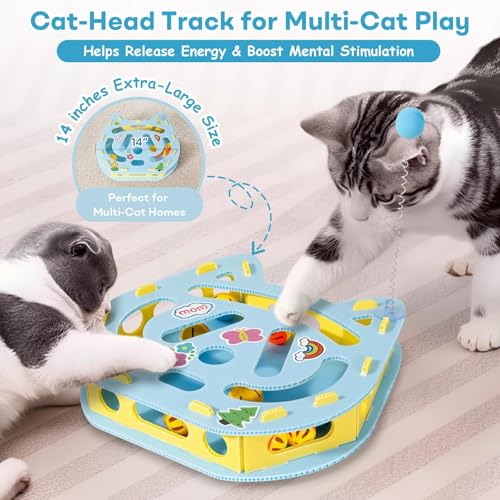Interactive Kitty Puzzle Toy with Spring Wand Game Board, Maze Activity Playset for Indoor Cat, Rolling Ball Entertainment for Kitten Puppet