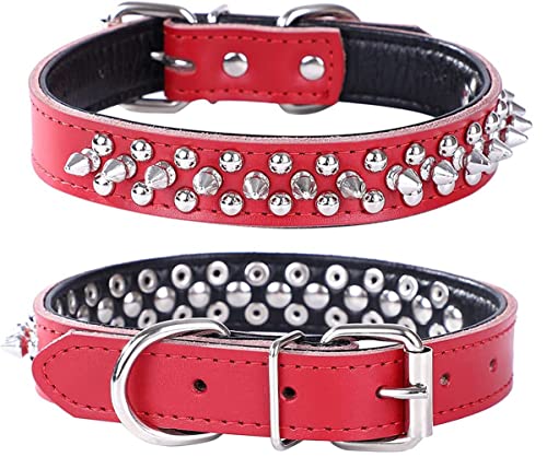 Spiked Studded Dog Collar, Soft Genuine Leather Dog Collar, Adjustable Dog Collars for Small Medium Large Dogs Breeds Pit Bull (S fit Neck 10.5-13", Red2) - color: Red2, size: S fit Neck 10.5-13"