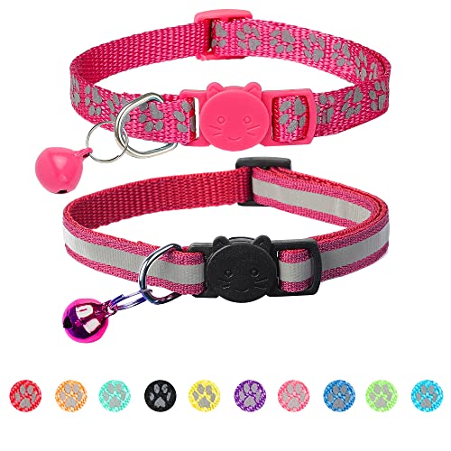 2 Pack Reflective Cat Collar Breakaway with Bell,Personalized Kitten Collars,Adjustable Safety Buckle Collar for Male Cats Girls & Boys (Hot Pink) - color: Hot Pink