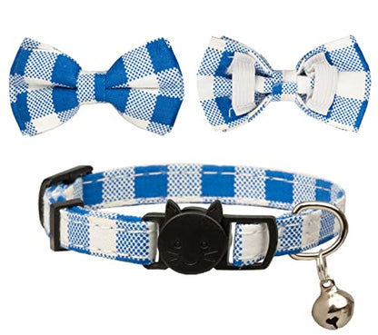 Cat Collar with Bow Tie Bell Breakaway Bowtie 2pcs Set Spring Plaid Flower Floral Solid Boy Girl Cute Kitten Safety A Blue Flower & Plaid - color: A [Flower & Plaid]-Blue