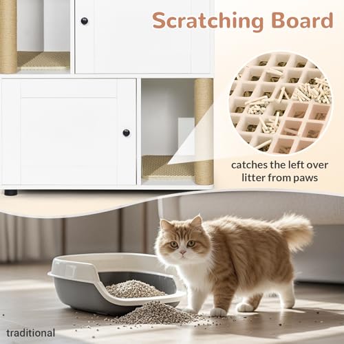 Yafylly Double Litter Box Enclosure for 2 Cats, 2-Tier Cat Litter Box Furniture with Scratching Posts & Litter Mat, Hidden Cat Litter Cabinet, Space Saving Vertical Design, Fits Most Litter Boxes - style: Stacked Design
