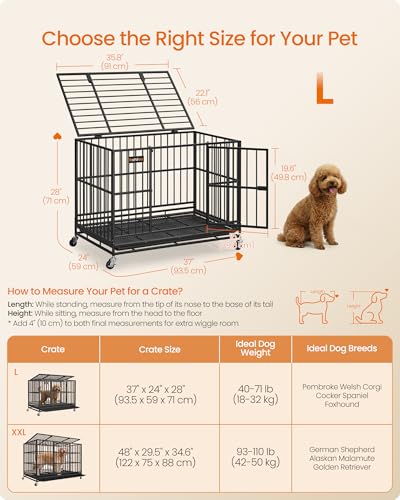 Feandrea Heavy-Duty Dog Crate, 5-Minute Quick Assembly, Foldable Dog Kennel Cage with Lockable Wheels, Double Doors, Escape Proof Fixed Bottom, Removable Tray, Easy to Clean, Ink Black, 37 Inch - size: 37.0"L x 24.0"W x 28.0"H