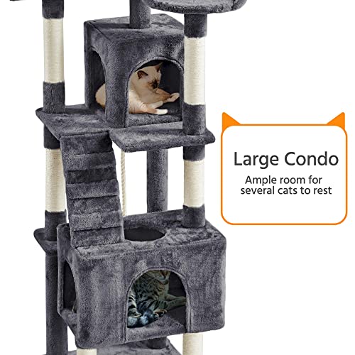 Yaheetech 72-inch Cat Tree, Multi-Level Cat Tower with 2 Condos & 6 Scratching Posts, 3 Perches & Detachable Toy Ball, Pet Furniture Play House for Kittens/Cats, Dark Gray - color: Dark Gray