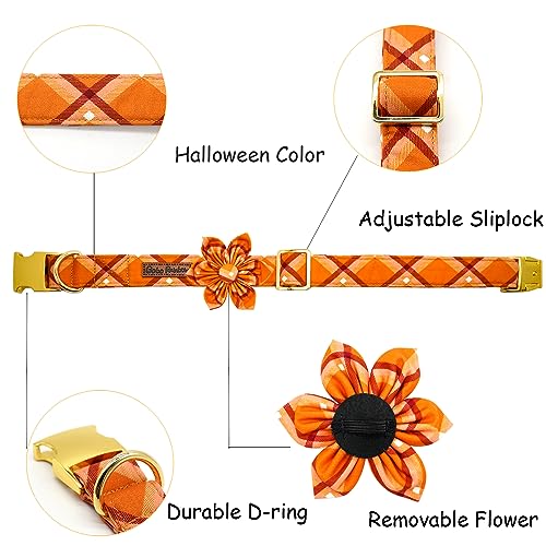 Dog Collar, Fall Dog Collar with Flower Plaid Pet Collar Flower Puppy Collars Cute Pet Adjustable Collar for X-Small Puppy - color: Pumpkin Plaid, size: X-Small (Pack of 1)