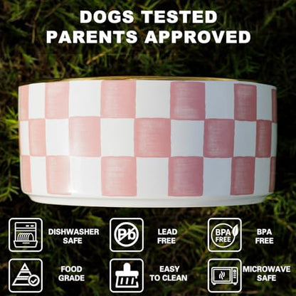 Ceramic Dog Bowls for Medium Dogs, 3.5 Cups Checkered Dog Food and Water Bowl with Acacia Wood Stand, Non-Slip Anti-Tip Elevated Feeding Station, Pink and White - color: Pink and White