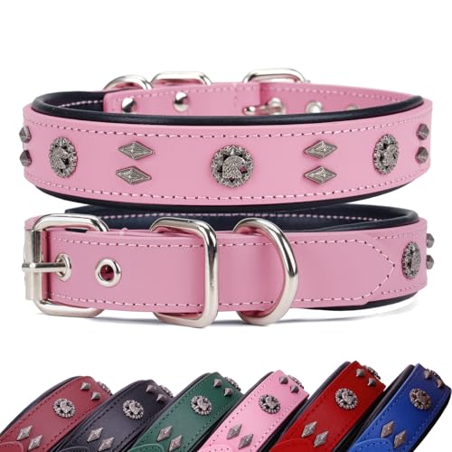 Premium Leather Dog Collar for Medium Dogs - 1.2-Inch Wide Adjustable Soft Handmade Eagle Hardware Ornamental Collar for Large Breeds, Durable & Comfortable - Pink - color: Pink, size: Width 1.2",Neck Size 14.5"-18.5"