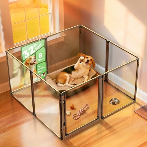 FXW AuraSpace Pro Acrylic Indoor Dog Playpen, Heavy-Duty with Metal Frame, 32" Height 8 Panels for Small and Medium Dogs, Walnut│Patented - color: Walnut, size: 32"H