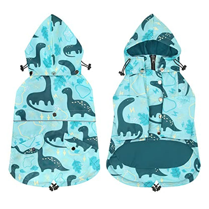 HDE Dog Raincoat Poncho Double Layer Zip Rain Jacket with Removable Hood, Leash Hole for Small to 3XL Dogs and Puppies Dinosaurs - M - color: Dinosaurs, size: Medium