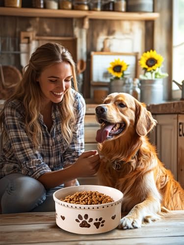 Ceramic Dog Bowl 55oz Heavy Duty Pet Food and Water Bowl for Medium Large Dogs Non Slip Weighted Dog Dish with Paw Print and Heart Design Easy to Clean - color: White-Paw