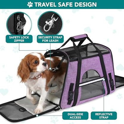 PetAmi Airline Approved Pet Carrier for Cats & Small Dogs, Soft Sided TSA Travel Carrier Bag with Sherpa Bed, Breathable Mesh Ventilation, Collapsible Bowl, Up to 18 lbs, Large Heather Purple - color: Heather Purple, size: Large - 19.5"L x 10.2"W x 12"H