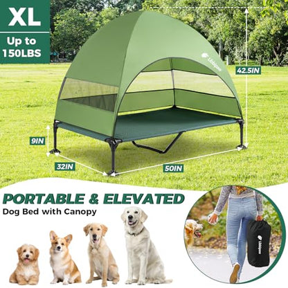 Windproof Elevated Dog Bed with Canopy & Stakes, 3-Sided 90% UV Block, Chew-Proof Teslin Mesh Mat for Large Dogs up to 150lbs(Green X-Large) - color: Green, size: X-Large