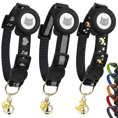 Cat Collar with AirTag Holders, 3-Pack, Reflective Breakaway Safety Collars, Bells and Matching Charms, Adjustable, Paw Hearts, Moon Stars Design, Lucky Charm, Black - color: Black