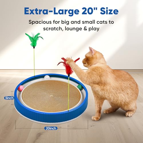 20-Inch Round Cat Scratcher with Ball Track – 3-in-1 Cardboard Scratching Pad with Feather Toy & Non-Slip Base – Interactive Cat Toy for Indoor Cats, Kittens & Large Cats (Blue) - color: Blue