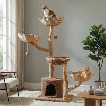 MUTTROS 59" Cat Tree Tower with Real Solid Wood Natural Branch, Modern Cat Tree for Large Cats w/3 Handwoven Wicker Baskets- Luxury Boho Cat Furniture w/Condo & Soft Hammock, Scratching Post, Brown - color: Brown, size: 59" Solid Wood Cat Tree