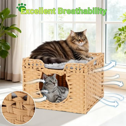 Handwoven Rattan Cat Cave w/Two Cushions, Cat Beds Indoor Kitten House, Wateproof & Foldable Pet Cube Bed, Natural Color, 16.5”L x 16.5”W x 12.6”H - color: Natural